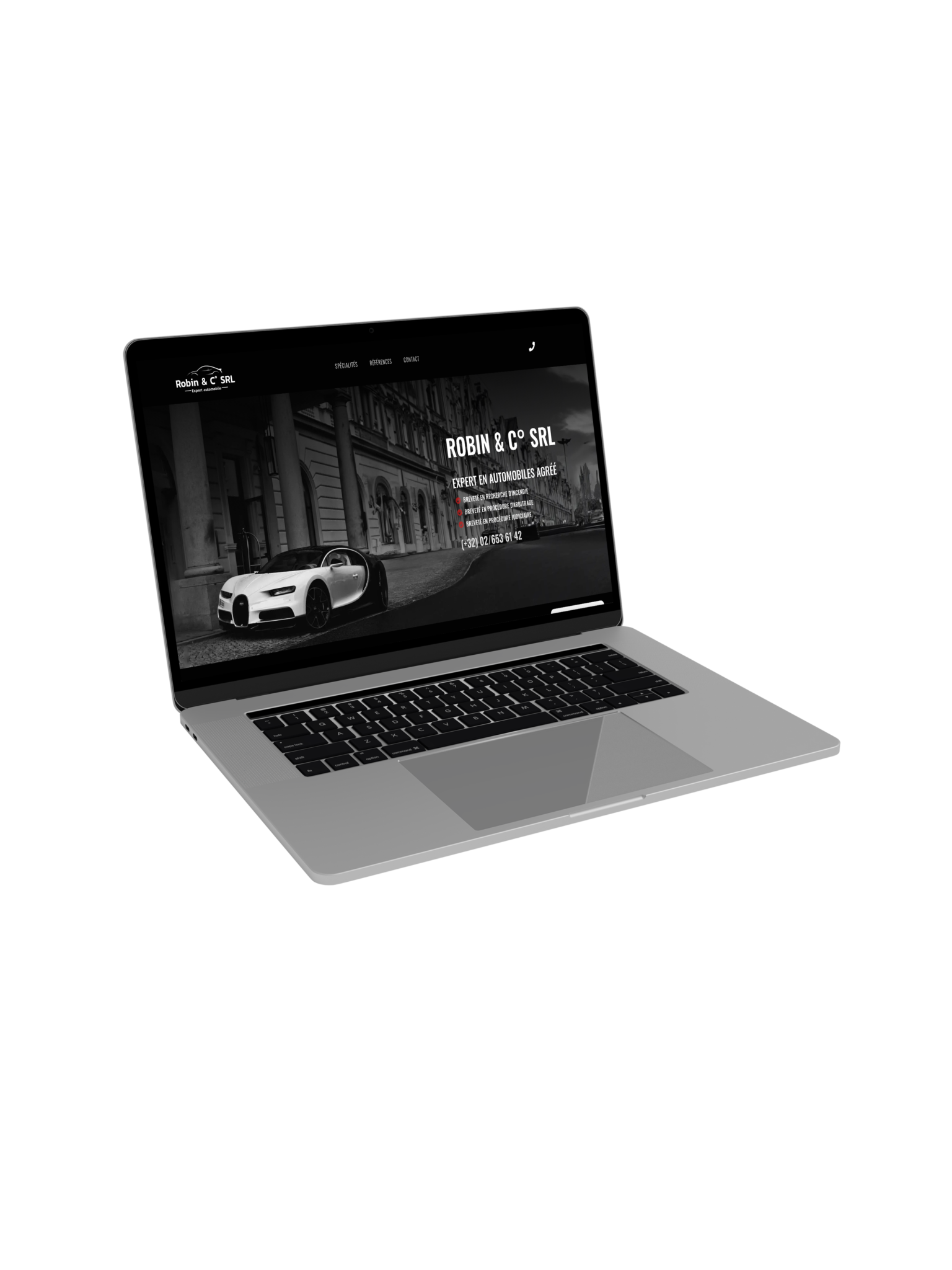 Ordinateur portable affichant le site web de Robin & Co SRL, expert en automobiles agréé. L'image montre une voiture de luxe devant un bâtiment historique.